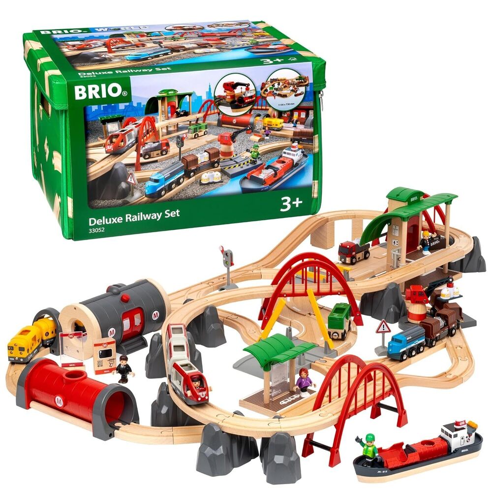 World Deluxe Railway Set - 87-Piece Wooden Train Set - Includes Passenger &